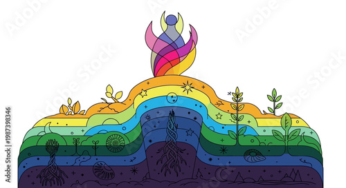 Spiritual Growth and Nature's Harmony: Abstract Figure Above Rainbow Layers