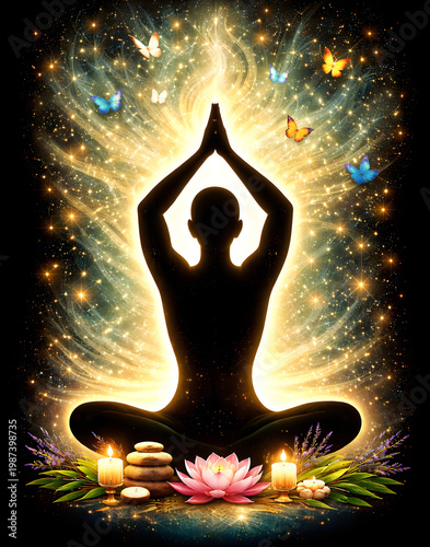 Spirituelle Illustration einer meditierenden Person in Yoga-Pose mit strahlendem Licht, Sternen und Schmetterlingen. Symbol für innere Balance, Energie, Ruhe und spirituelles Wachstum.