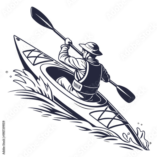 A stylized illustration depicts a kayaker paddling vigorously through splashing water showcasing a dynamic and adventurous scene high quality professional detailed modern