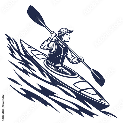 A vintage style illustration depicts a kayaker paddling swiftly through water showcasing dynamic motion and athletic skill high quality professional detailed modern