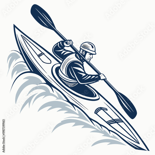 A stylized illustration depicts a kayaker powerfully paddling through turbulent waters showcasing dynamic movement and athletic skill high quality professional detailed modern