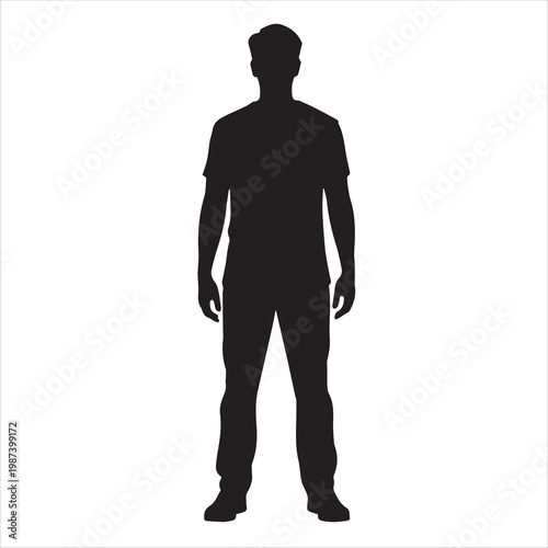 A professional black vector illustration of a standing businessman silhouette in a suit showing the back outline shape of a worker person
