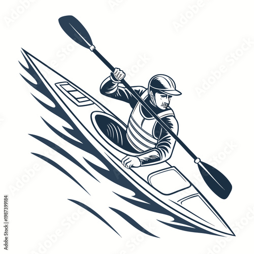 A stylized illustration depicts a kayaker in motion paddling a sleek kayak with dynamic water splashes surrounding the vessel high quality professional