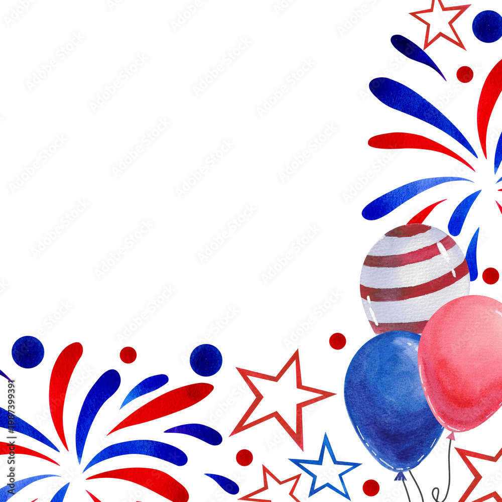 Fototapeta premium Fourth of July Independence Day banner background with balloons and fireworks. Hand drawn festive watercolor illustration for cards, prints, and posters.