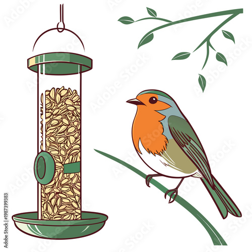 A charming illustration depicts a tubular bird feeder filled with seeds visited by a vibrant orange breasted robin perched on a branch