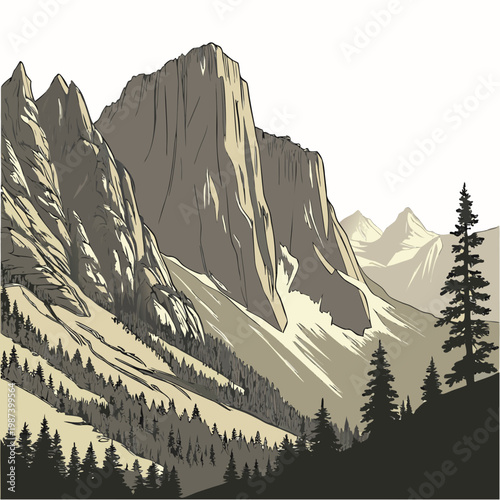 A stylized illustration depicts towering rugged mountains with forested slopes under a pale overcast sky showcasing natural grandeur high quality professional detailed