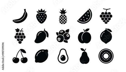Fruit icon vector set black silhouette transparent background for healthy food design.