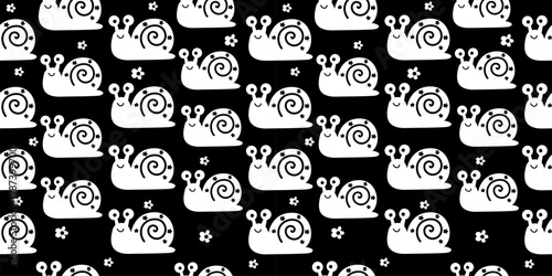 Snail silhouette seamless pattern white insects dark background