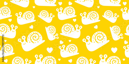 Snail silhouette seamless pattern yellow background white mollusks