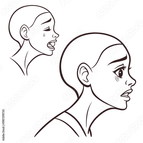A minimalistic line drawing depicts two female profiles one expressing sorrow with a tear the other displaying shock high quality professional detailed