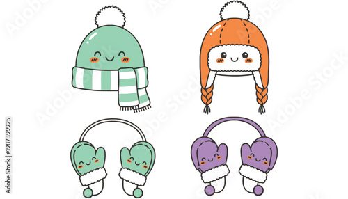 A set of cute cartoon winter hats and earmuffs illustrations