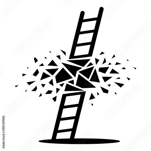 broken ladder collapse vector illustration failure concept shattered steps falling apart minimal black silhouette crisis risk downfall business metaphor isolated design