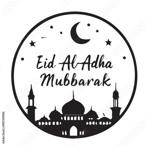 Vintage vector illustration design of an Eid Mubarak greeting card featuring a mosque silhouette and the Taj Mahal landmark dome against a cultural India city travel background