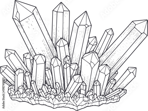 Detailed line of a cluster of quartz crystals, hand-drawn style mineral geode