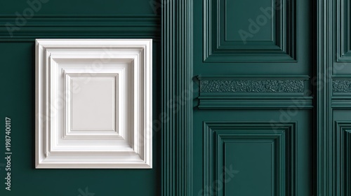 Ornate white molding frame hangs against a richly colored architectural panel wall