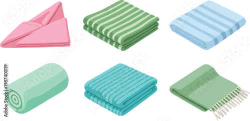 Folded Towels Collection with Soft Fabric Bath Textiles in Various Colors and Styles for Bathroom Hygiene Flat Vector Illustration Set