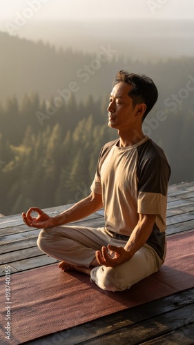 A middle-aged Asian man practices mindful yoga on a textured mat atop a wooden balcony overlooking a misty forest at dawn. Golden hour light bathes the scene, casting long soft shadows. He wears breat