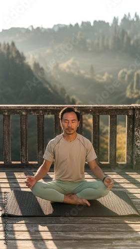 A middle-aged Asian man practices mindful yoga on a textured mat atop a wooden balcony overlooking a misty forest at dawn. Golden hour light bathes the scene, casting long soft shadows. He wears breat