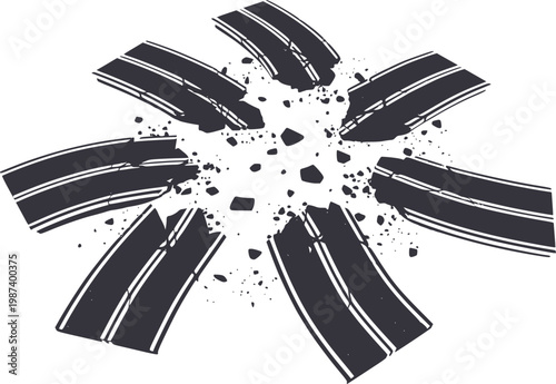 Exploded road sections with debris white background, broken explosion asphalt