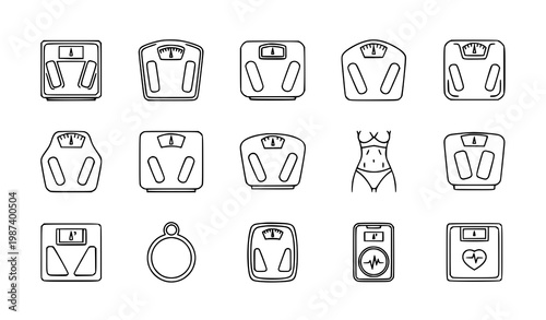 Weight scale icons set body measurement outline vector symbols for fitness and health design