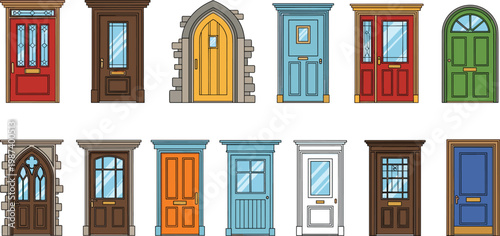 Front Door Collection Illustration with Various Wooden, Modern, and Classic Entrance Door Designs for Home Exterior, Architecture, and Real Estate Design