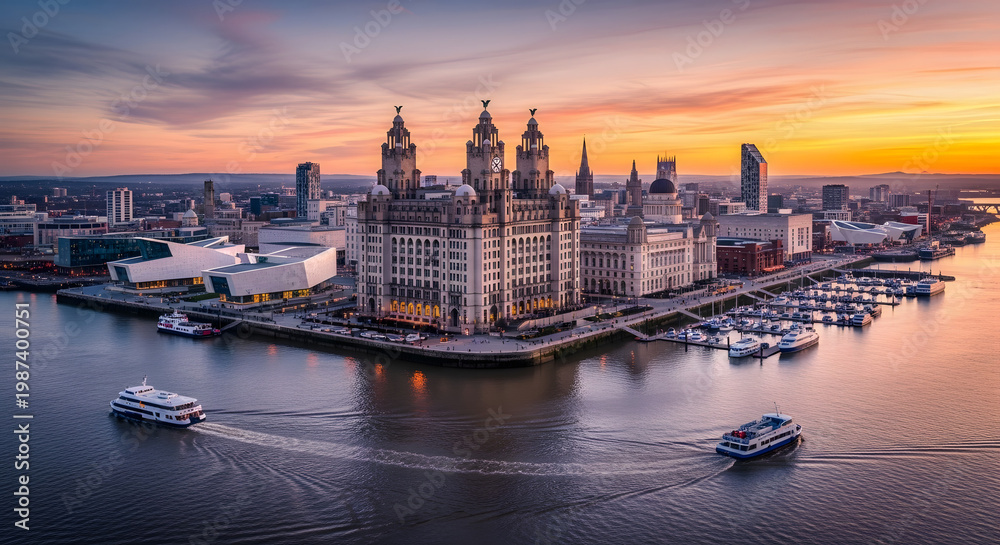 Fototapeta premium Liverpool Waterfront Skyline at Sunset with Historic Buildings and Boats
