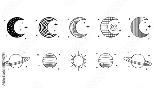 Moon vector icons with planets and sun in minimalist line style