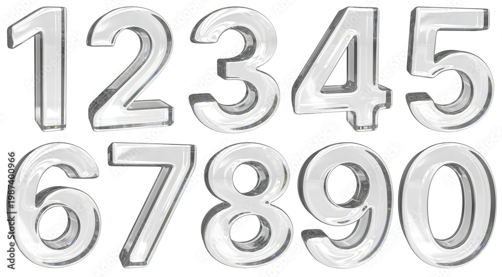 Obraz premium Set of glass clear volumetric numbers from zero to nine. 3d illustration transparent background 