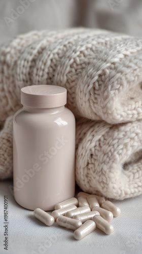 A serene wellness arrangement of capsules beside a white bottle and soft white sweater for healthy body care and relaxation