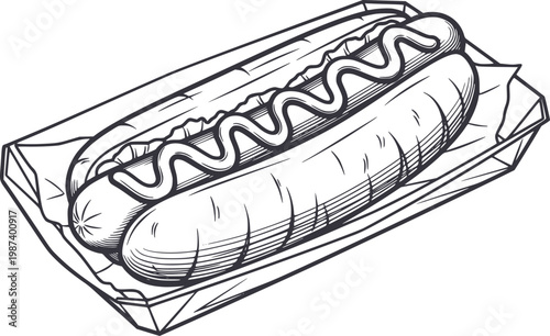 Hand-drawn hot dog with mustard drizzle in paper tray, isolated white hotdog food