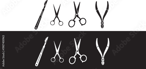 This vector illustration features ,surgical instruments set and a set of metal steel scissors designed as a professional tool equipment symbol for medical care work
