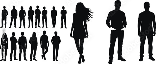 Group of diverse silhouettes standing together, male and female figures, casual and dress attire illustration, vector artwork, minimalist design, people comparison