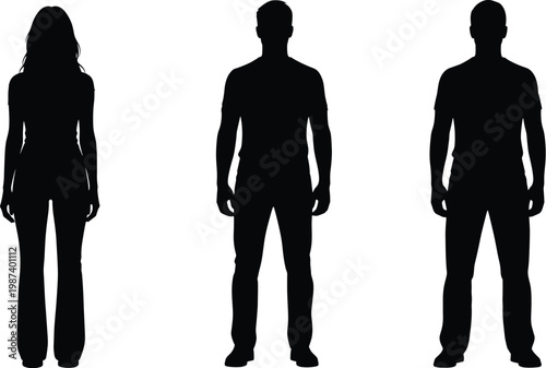 Human silhouettes standing side by side, diverse body shapes comparison, digital vector illustration, minimalist design, fashion outline, ergonomic reference artwork