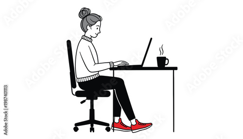 A woman sitting at a desk working on a laptop illustration