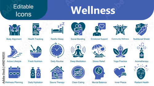 Wellness editable solid icon set. Meditation, Therapy Session, Anxiety Relief, Self-care, Healthy lifestyle, Mental health, Massage and Spa icons. Vector illustration