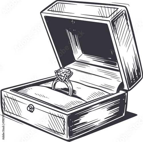 Hand-drawn of diamond engagement ring in open jewelry box white background