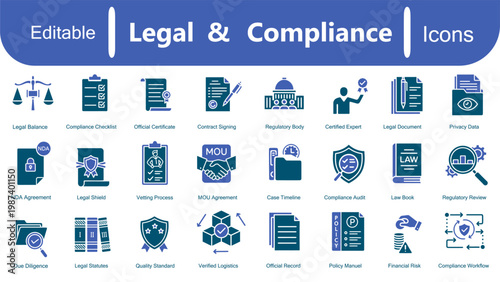 Legal compliance solid icon set. Contracts, agreement, certificate, policy, compliance, paperwork, business documentation, quality control, law, ethics etc. Vector editable illustration