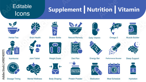 Nutrition, vitamins and Supplements solid icon set. Healthy food, diet, vitamins, planning, spa, spirit, balance, gym nutrition, dietary supplements, medical health icons. Vector editable illustration