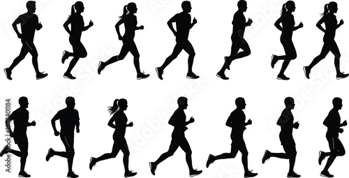 Running silhouettes sequence, athletic motion cycle, male female runners, fitness vector illustration, human movement study, sports design reference, minimal art