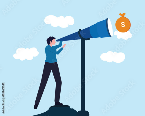 Looking for investment opportunity, wealthy businessman investor look through binoculars to see money dollar sign. Money visionary, dividend or profit in stock market concept.