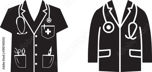A clean black art illustration of a professional medical lab coat with a stethoscope for doctors and healthcare workers