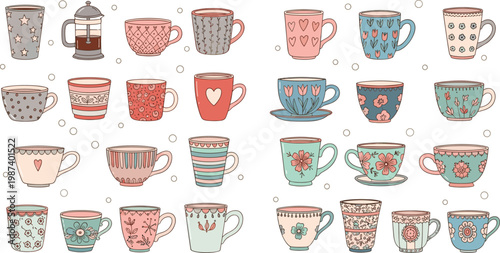 Cute Coffee Cups Collection with Hand Drawn Patterns Hearts Flowers and Vintage Mug Designs for Beverage Serving Flat Vector Illustration Set