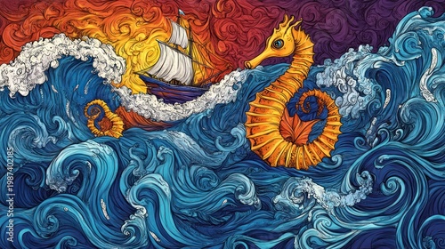 Artistic rendition of a seahorse and ship amidst stylized, swirling blue waves