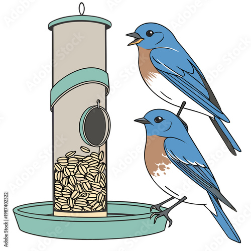 A charming illustration depicts a tube bird feeder filled with seeds alongside two vibrant eastern bluebirds perched nearby high quality professional detailed