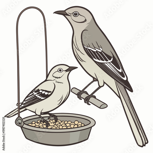 Two mockingbirds one perched on a bird feeder filled with seeds and another standing nearby observing high quality professional detailed modern elegant