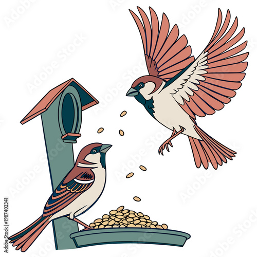 A charming illustration depicts two sparrows interacting with a bird feeder one in flight and another perched enjoying seeds high quality professional