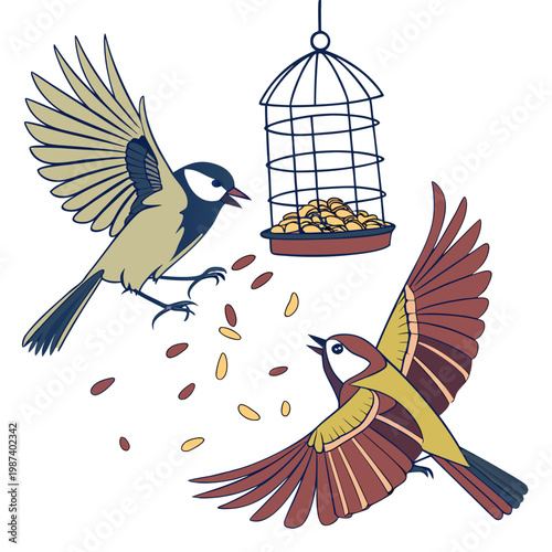 A charming illustration depicts two small birds approaching a hanging bird feeder filled with golden seeds creating a lively scene high quality
