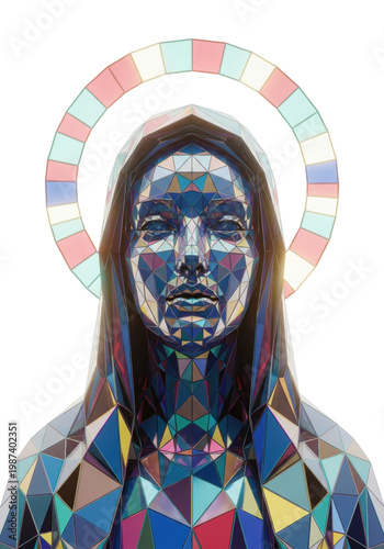 abstract, low-poly bust of the virgin mary composed of intricate, light-refracting jewel-toned stained glass facets, luminous halo, white background. concept of modern religious art