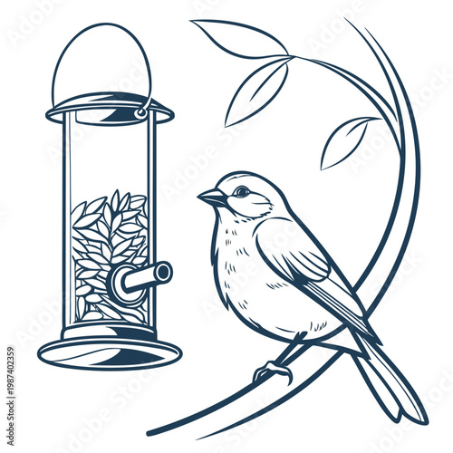A minimalist line drawing depicts a small bird perched near a cylindrical bird feeder filled with seeds surrounded by foliage high quality