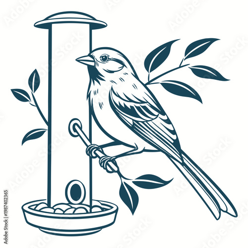 A detailed blue toned illustration depicts a small bird perched on a bird feeder enjoying seeds amidst leafy branches high quality professional